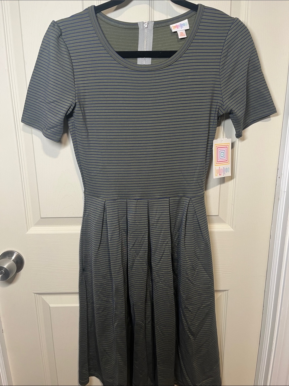 LuLaRoe Grey and Blue Striped Midi Dress